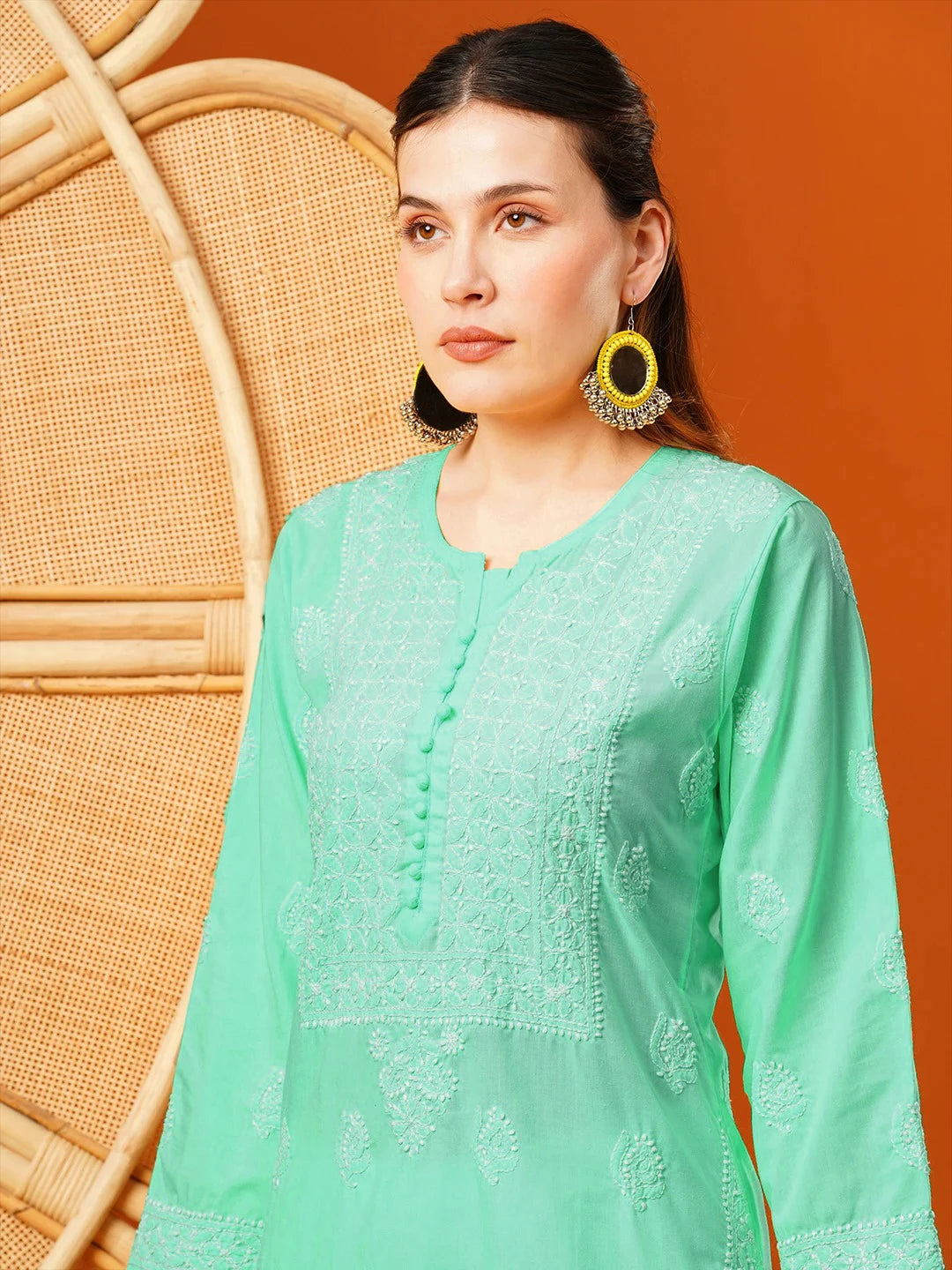 Ada Hand Embroidered Sea Green Cotton Lucknowi Chikankari Straight Kurta A411598