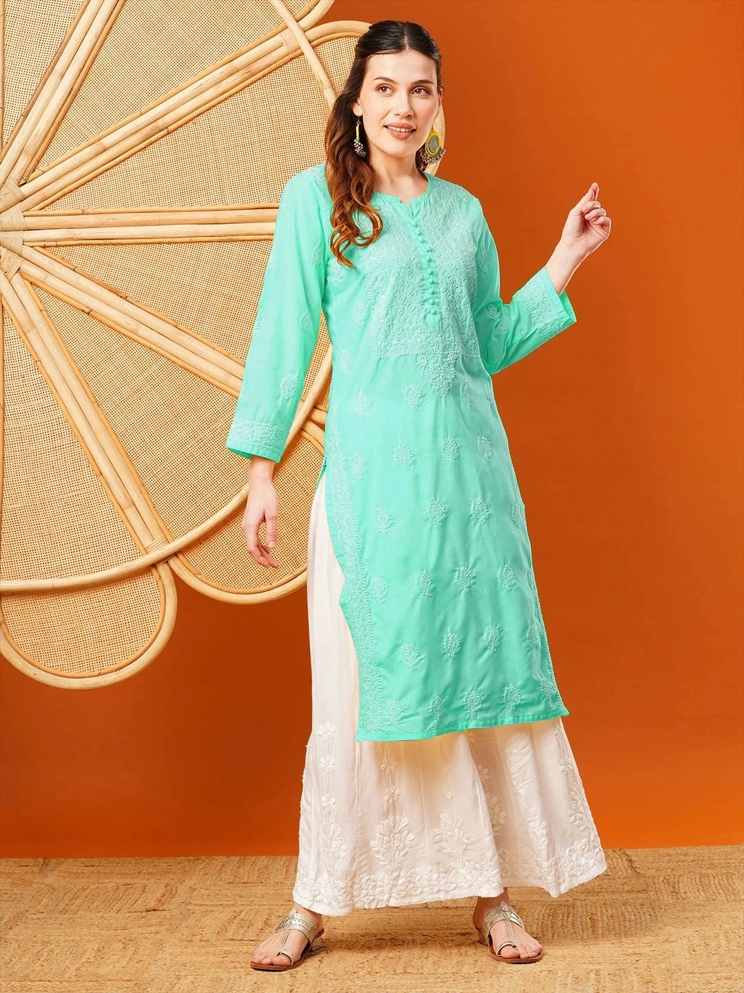 Ada Hand Embroidered Sea Green Cotton Lucknowi Chikankari Straight Kurta A411598