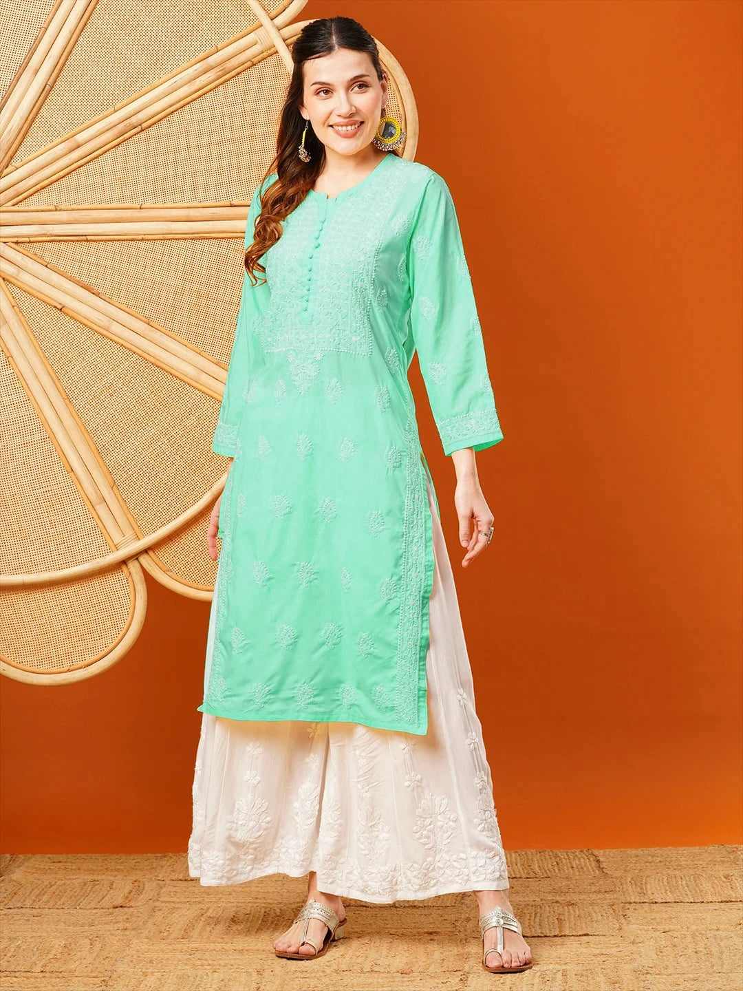 Ada Hand Embroidered Sea Green Cotton Lucknowi Chikankari Straight Kurta A411598