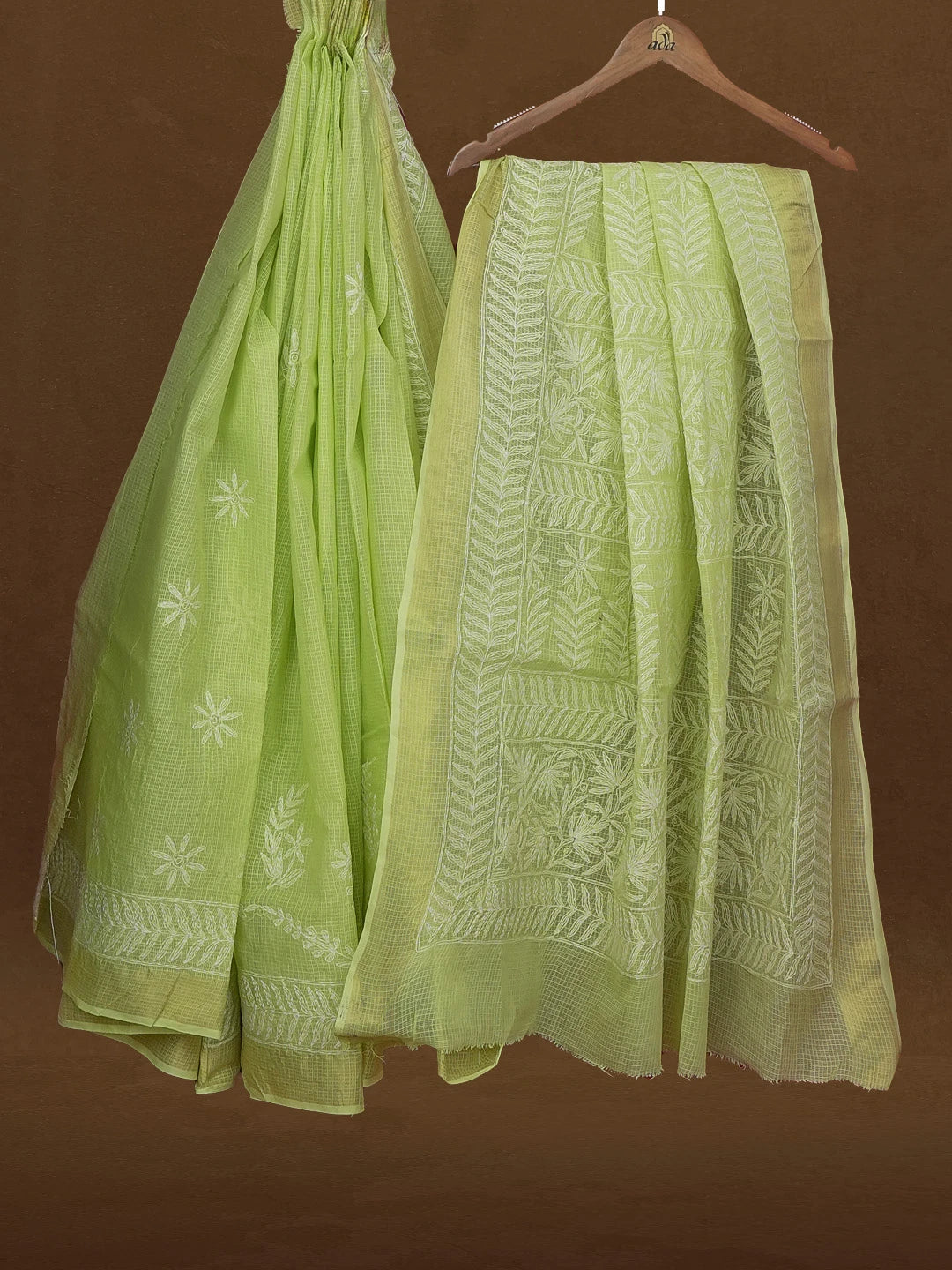 Ada Hand Embroidered Green Kota Lucknowi Chikankari Saree With Blouse 01A591007