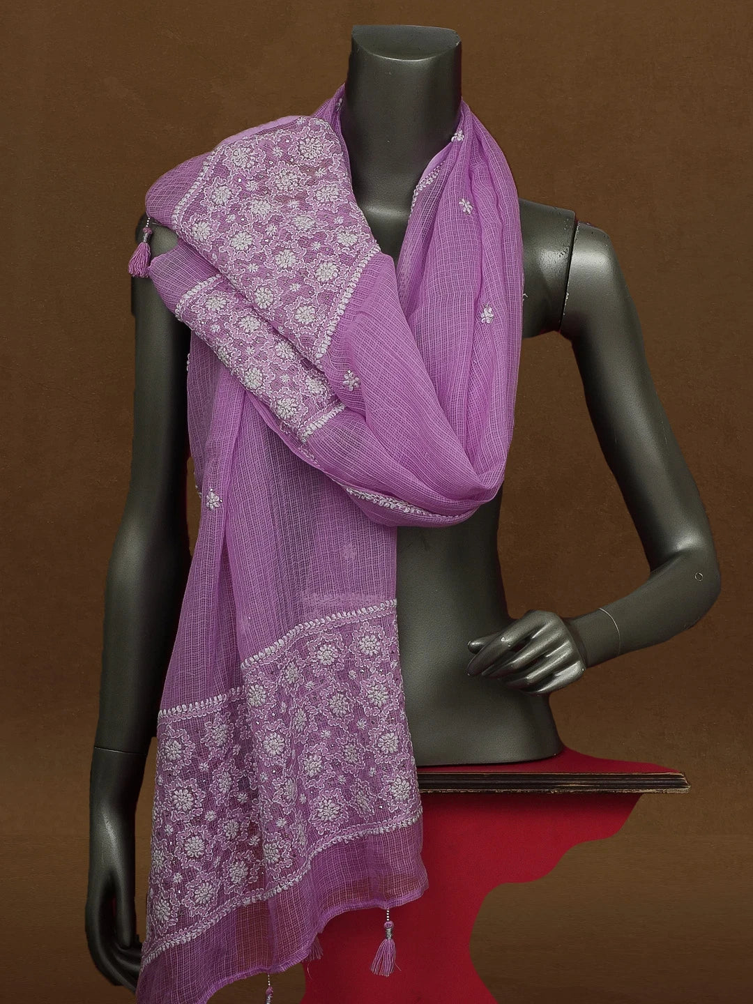 Ada Hand Embroidered Mauve Kota Lucknowi Chikankari Stole With Muqaish Work 01A586141