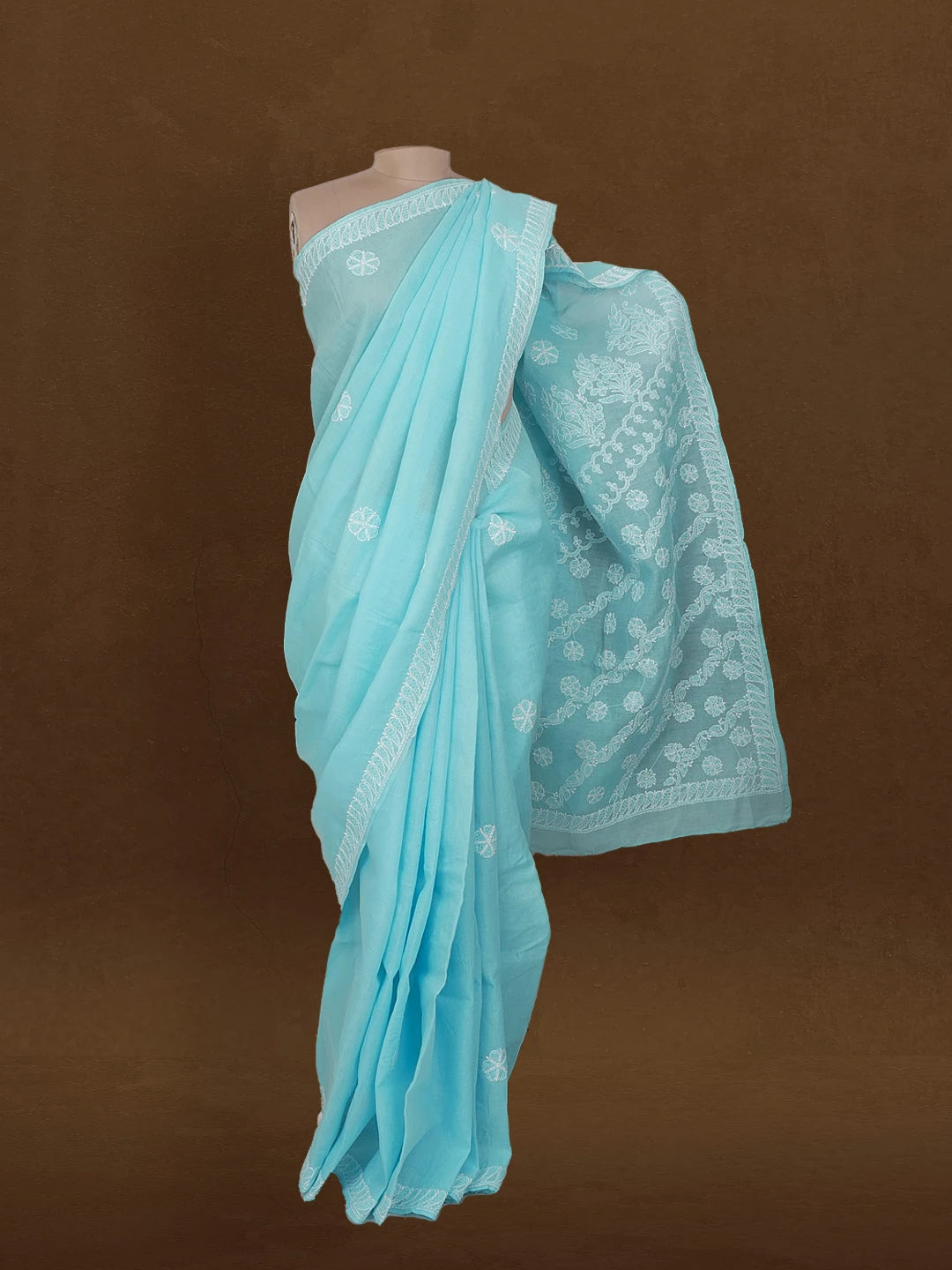 Ada Hand Embroidered Blue Cotton Lucknowi Chikankari Saree and Blouse 01A583394