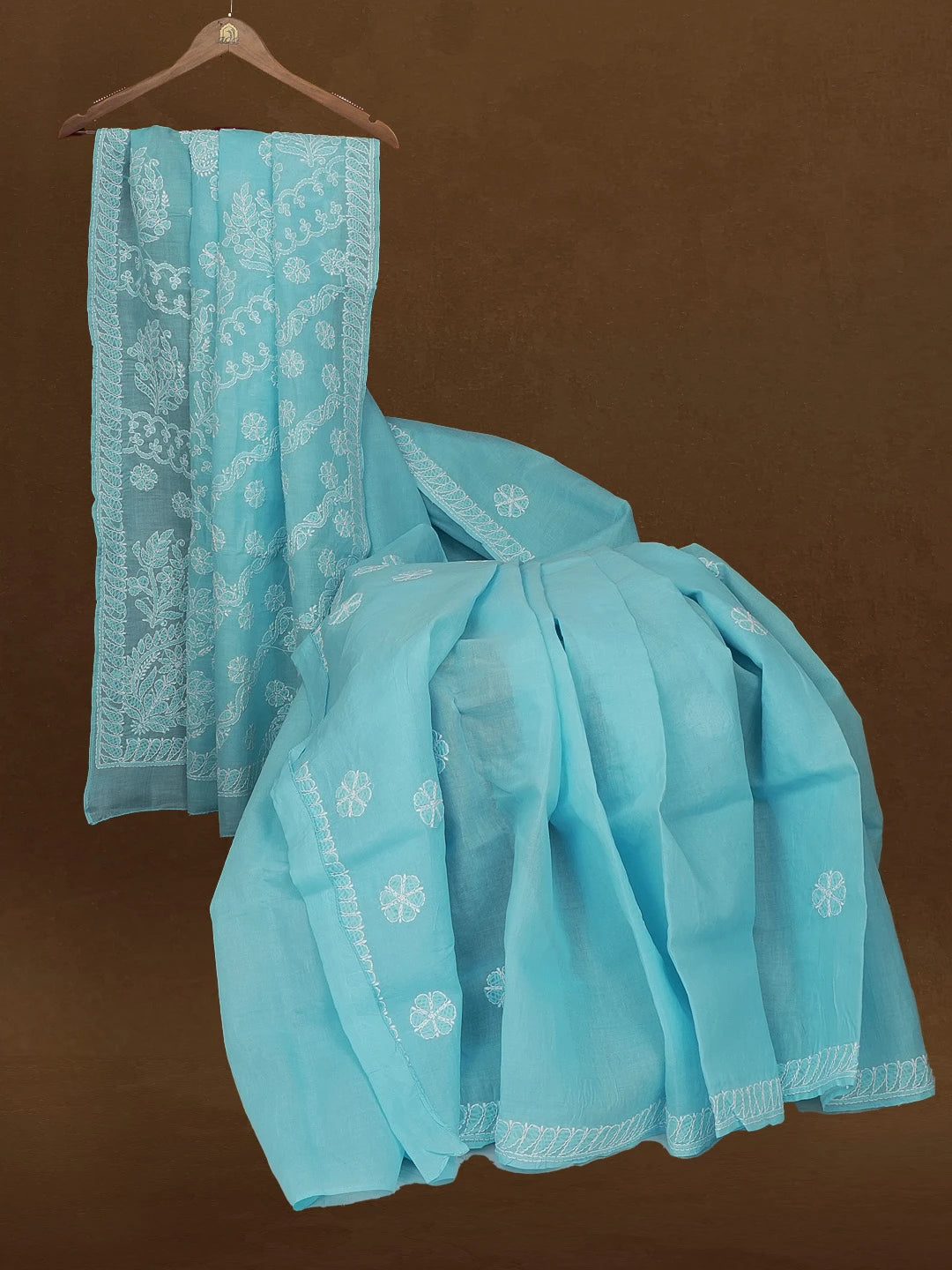 Ada Hand Embroidered Blue Cotton Lucknowi Chikankari Saree and Blouse 01A583394