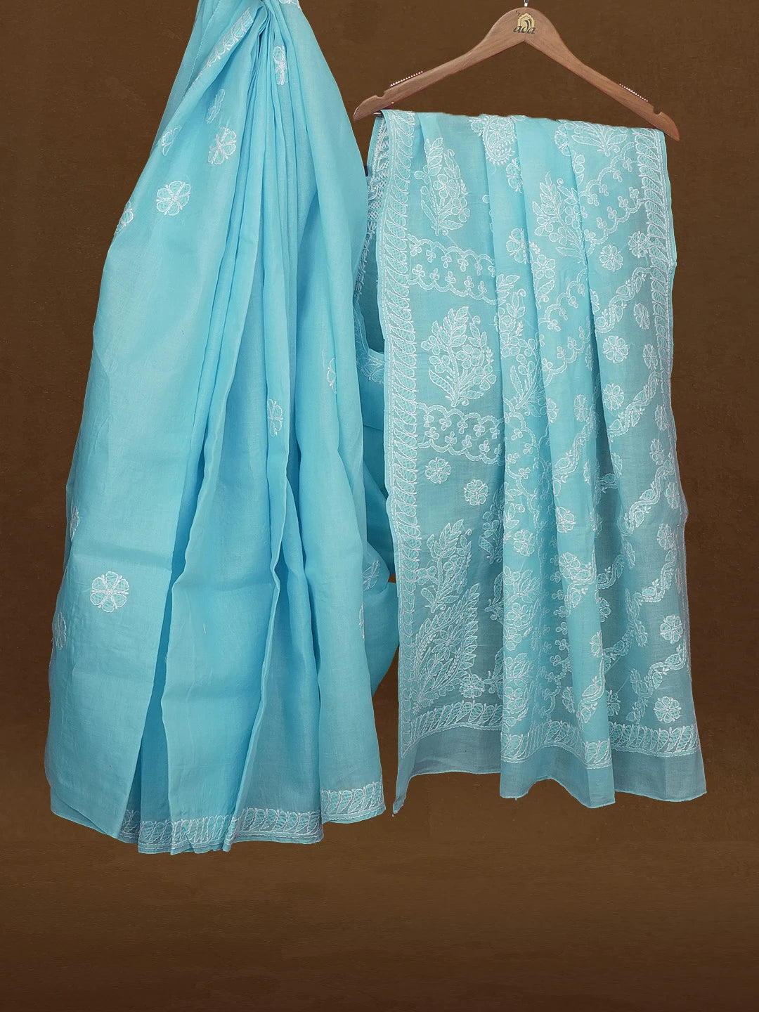 Ada Hand Embroidered Blue Cotton Lucknowi Chikankari Saree and Blouse 01A583394