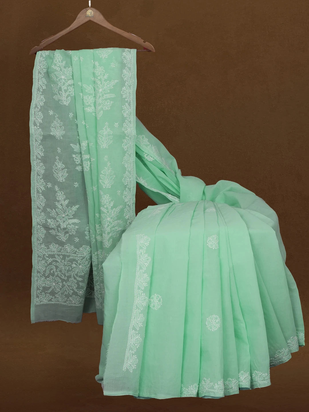 Ada Hand Embroidered Seafoam Green Cotton Lucknowi Chikankari Saree and Blouse 01A499005