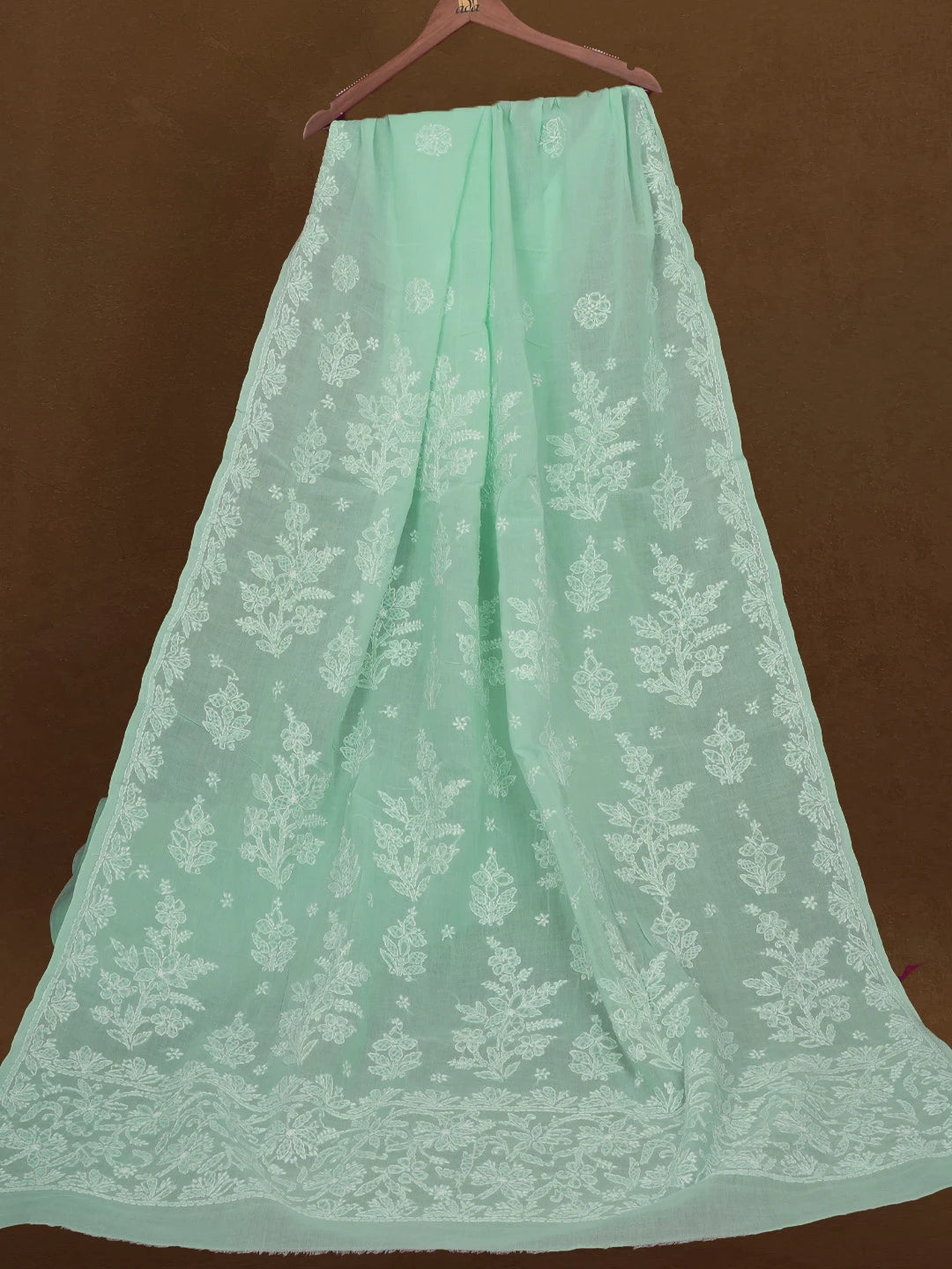 Ada Hand Embroidered Seafoam Green Cotton Lucknowi Chikankari Saree and Blouse 01A499005