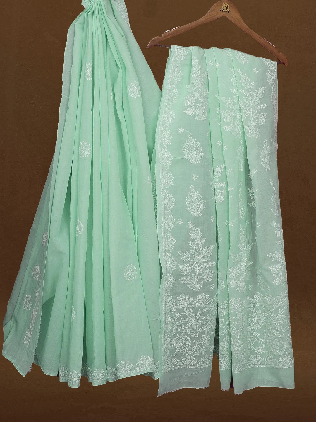 Ada Hand Embroidered Seafoam Green Cotton Lucknowi Chikankari Saree and Blouse 01A499005