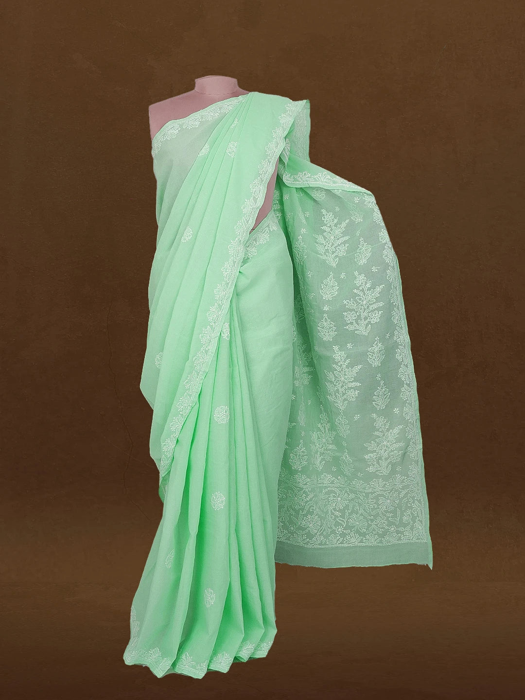 Ada Hand Embroidered Seafoam Green Cotton Lucknowi Chikankari Saree and Blouse 01A499005