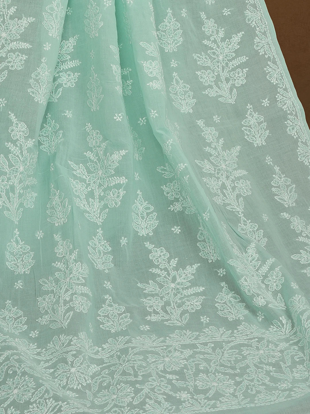 Ada Hand Embroidered Seafoam Green Cotton Lucknowi Chikankari Saree and Blouse 01A499005