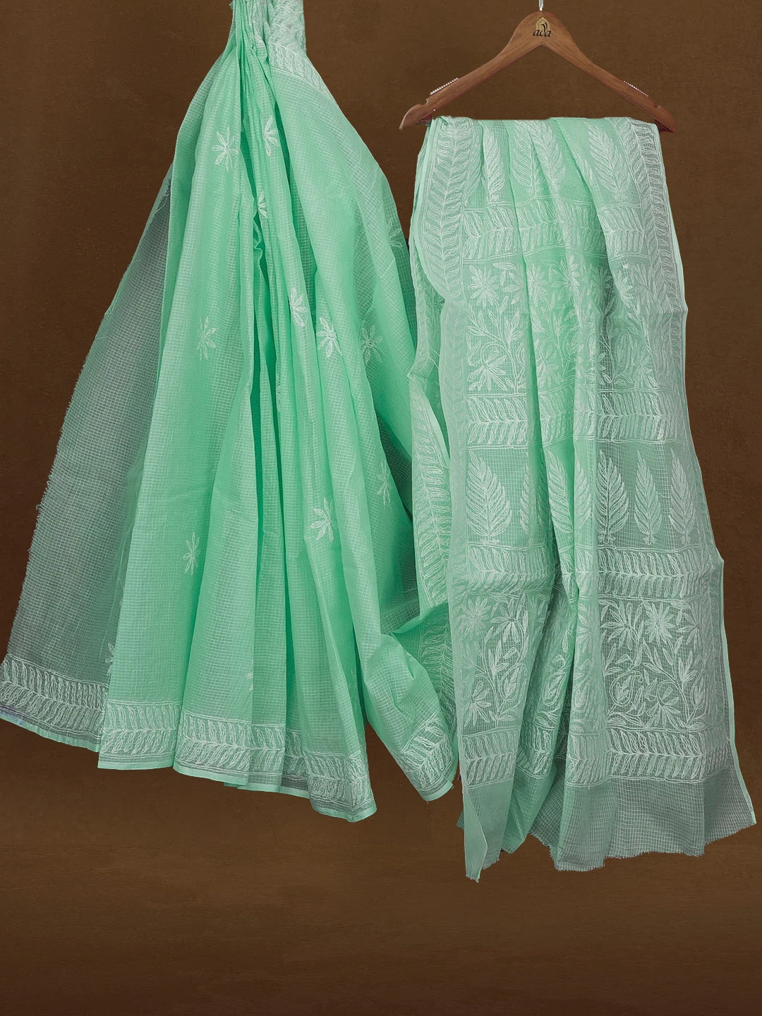 Ada Hand Embroidered Sea Green Kota Lucknowi Chikankari Saree With Blouse 01A590628