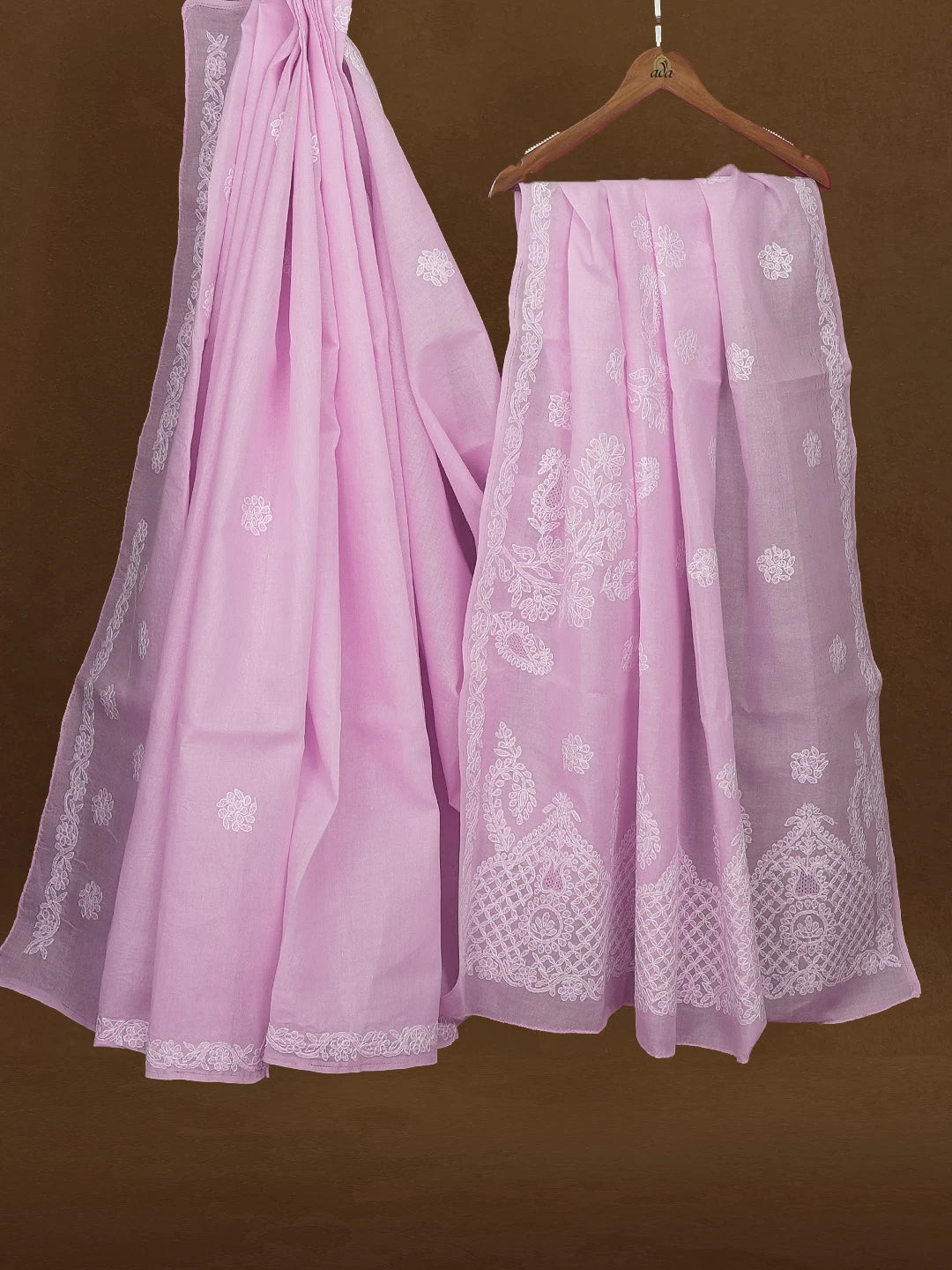 Ada Hand Embroidered Lavender Cotton Lucknowi Chikankari Saree and Blouse 01A563664