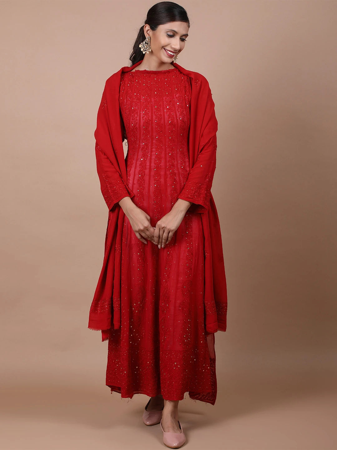 Ada Hand Embroidered Red Viscose Georgette Lucknowi Chikankari Semi-Stitched Anarkali Kurta Dupatta Set With Muqaish Work 01A601106