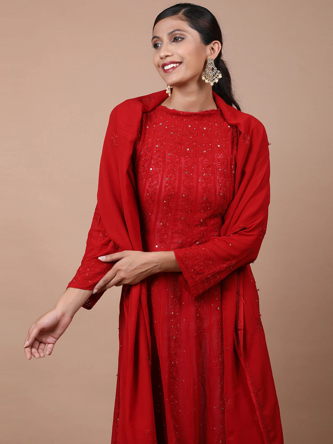 Ada Hand Embroidered Red Viscose Georgette Lucknowi Chikankari Semi-Stitched Anarkali Kurta Dupatta Set With Muqaish Work 01A601106