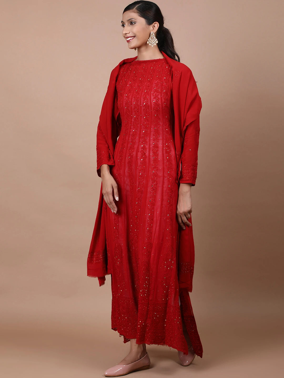 Ada Hand Embroidered Red Viscose Georgette Lucknowi Chikankari Semi-Stitched Anarkali Kurta Dupatta Set With Muqaish Work 01A601106