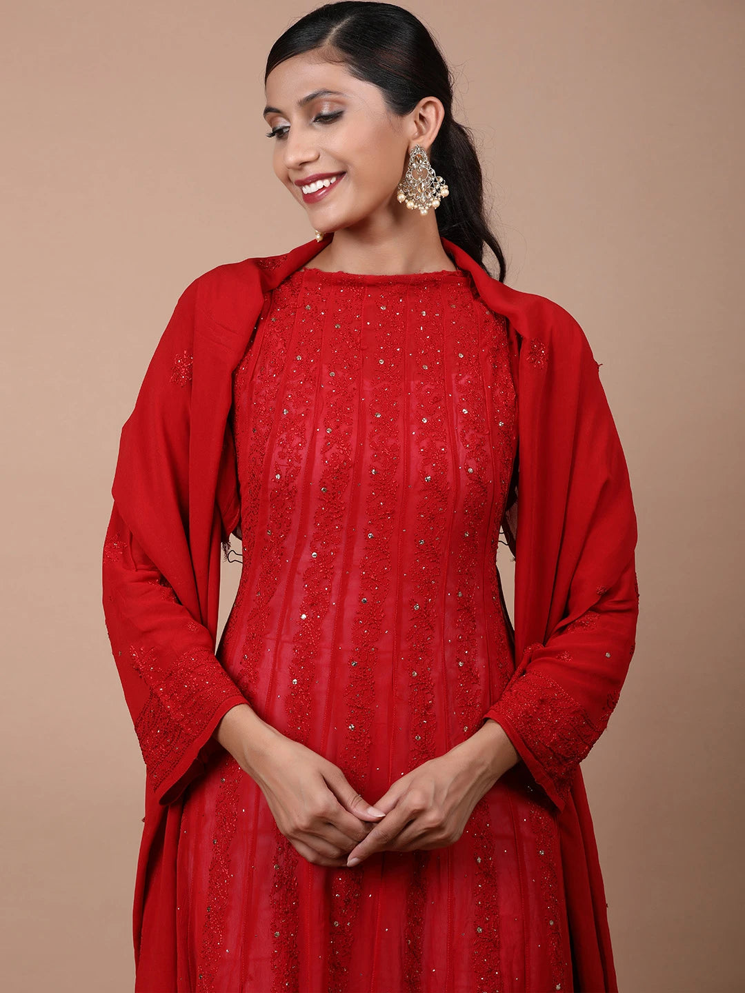 Ada Hand Embroidered Red Viscose Georgette Lucknowi Chikankari Semi-Stitched Anarkali Kurta Dupatta Set With Muqaish Work 01A601106
