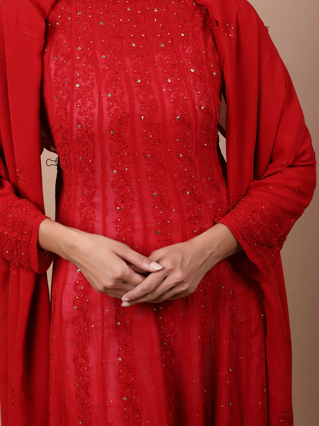 Ada Hand Embroidered Red Viscose Georgette Lucknowi Chikankari Semi-Stitched Anarkali Kurta Dupatta Set With Muqaish Work 01A601106