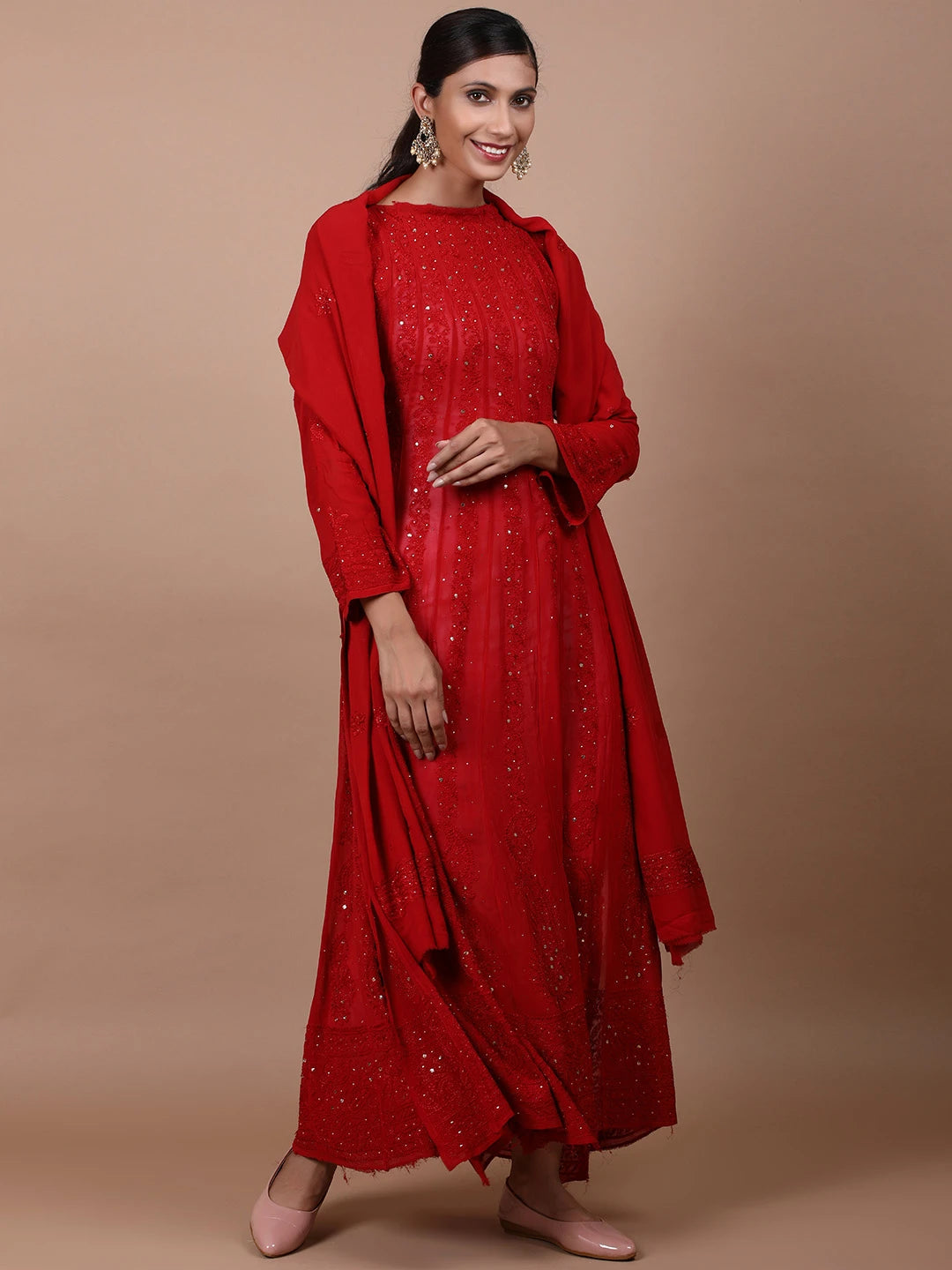 Ada Hand Embroidered Red Viscose Georgette Lucknowi Chikankari Semi-Stitched Anarkali Kurta Dupatta Set With Muqaish Work 01A601106