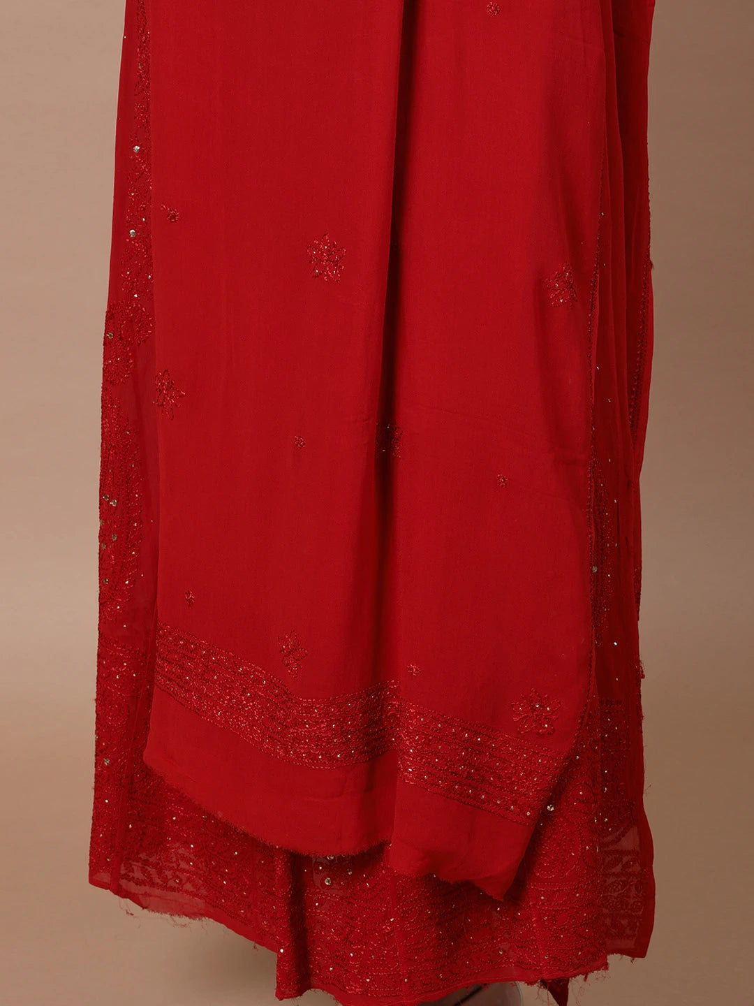 Ada Hand Embroidered Red Viscose Georgette Lucknowi Chikankari Semi-Stitched Anarkali Kurta Dupatta Set With Muqaish Work 01A601106