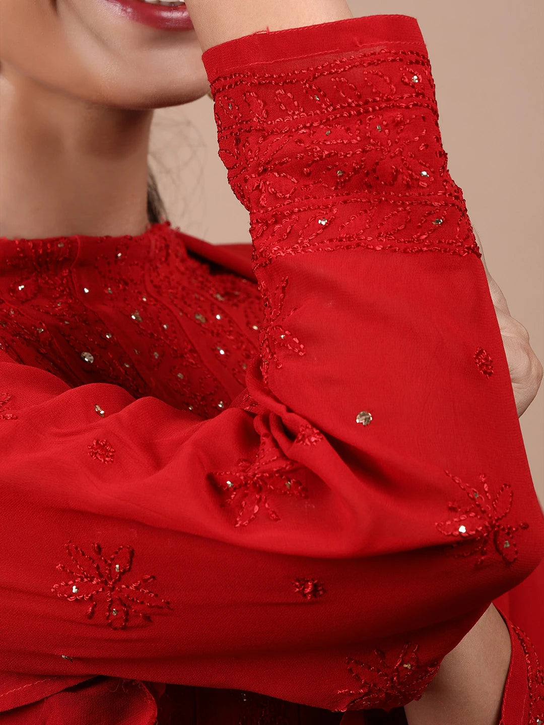 Ada Hand Embroidered Red Viscose Georgette Lucknowi Chikankari Semi-Stitched Anarkali Kurta Dupatta Set With Muqaish Work 01A601106