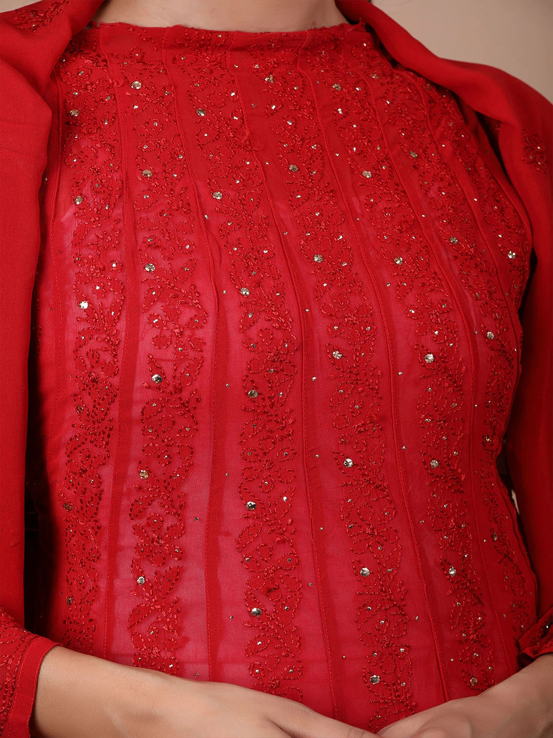 Ada Hand Embroidered Red Viscose Georgette Lucknowi Chikankari Semi-Stitched Anarkali Kurta Dupatta Set With Muqaish Work 01A601106