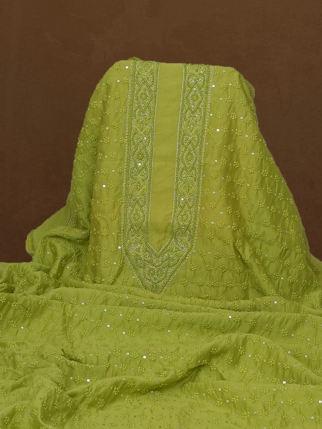 Ada Hand Embroidered Green Chanderi Lucknowi Chikankari Unstitched Men's Kurta with Cutdana and Sequinned Work 01A569171