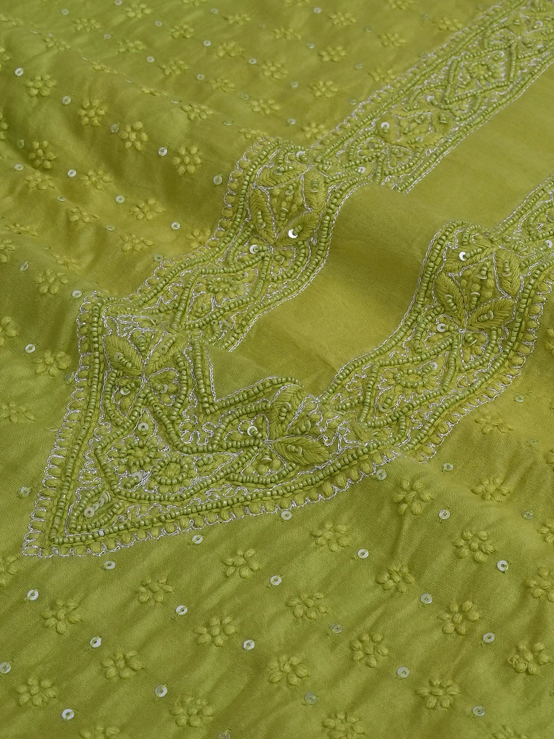 Ada Hand Embroidered Green Chanderi Lucknowi Chikankari Unstitched Men's Kurta with Cutdana and Sequinned Work 01A569171