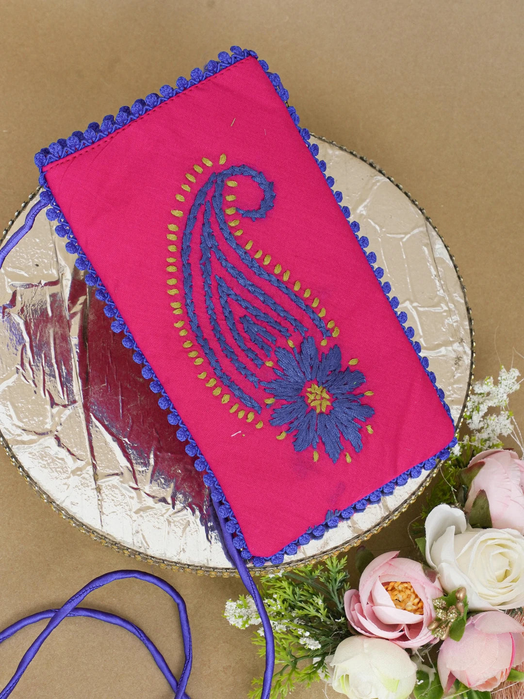 Ada Hand Embroidered Berry Magenta  Cotton Lucknowi Chikankari Mobile Cover 01A610080