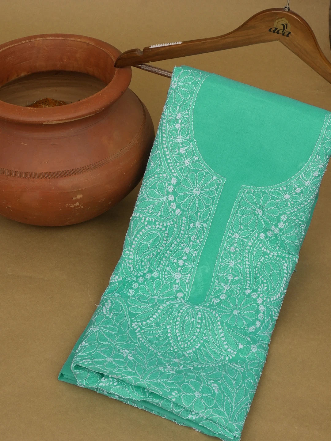 Ada Hand Embroidered Sea Green Cotton Lucknowi Chikankari Unstitched Kurta Piece 01A607297