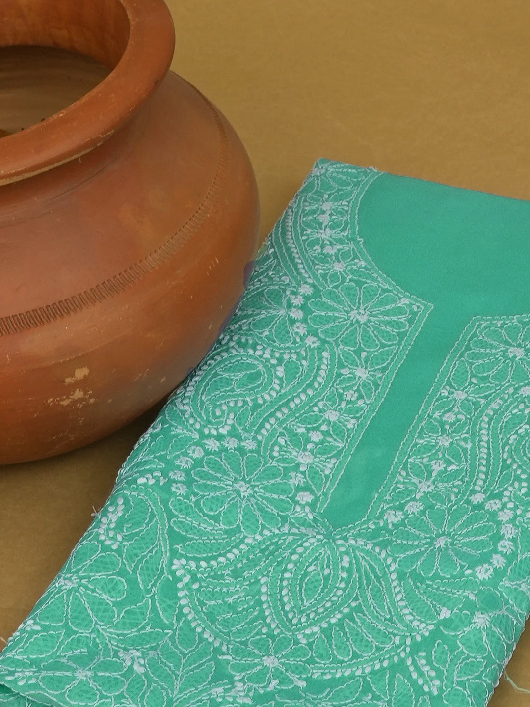 Ada Hand Embroidered Sea Green Cotton Lucknowi Chikankari Unstitched Kurta Piece 01A607297