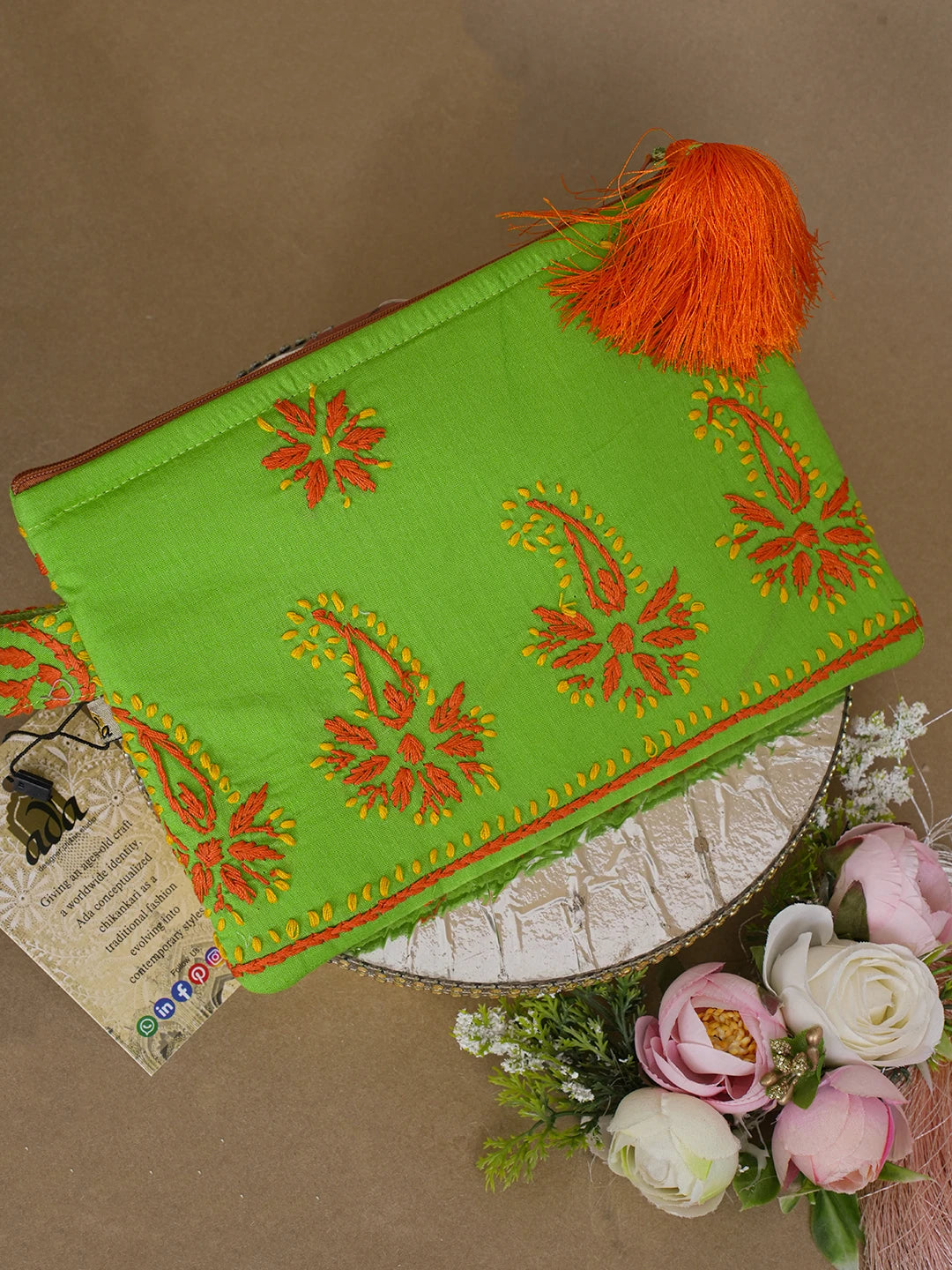 Ada Hand Embroidered Green Cotton Lucknowi Chikankari Pouch 01A610076
