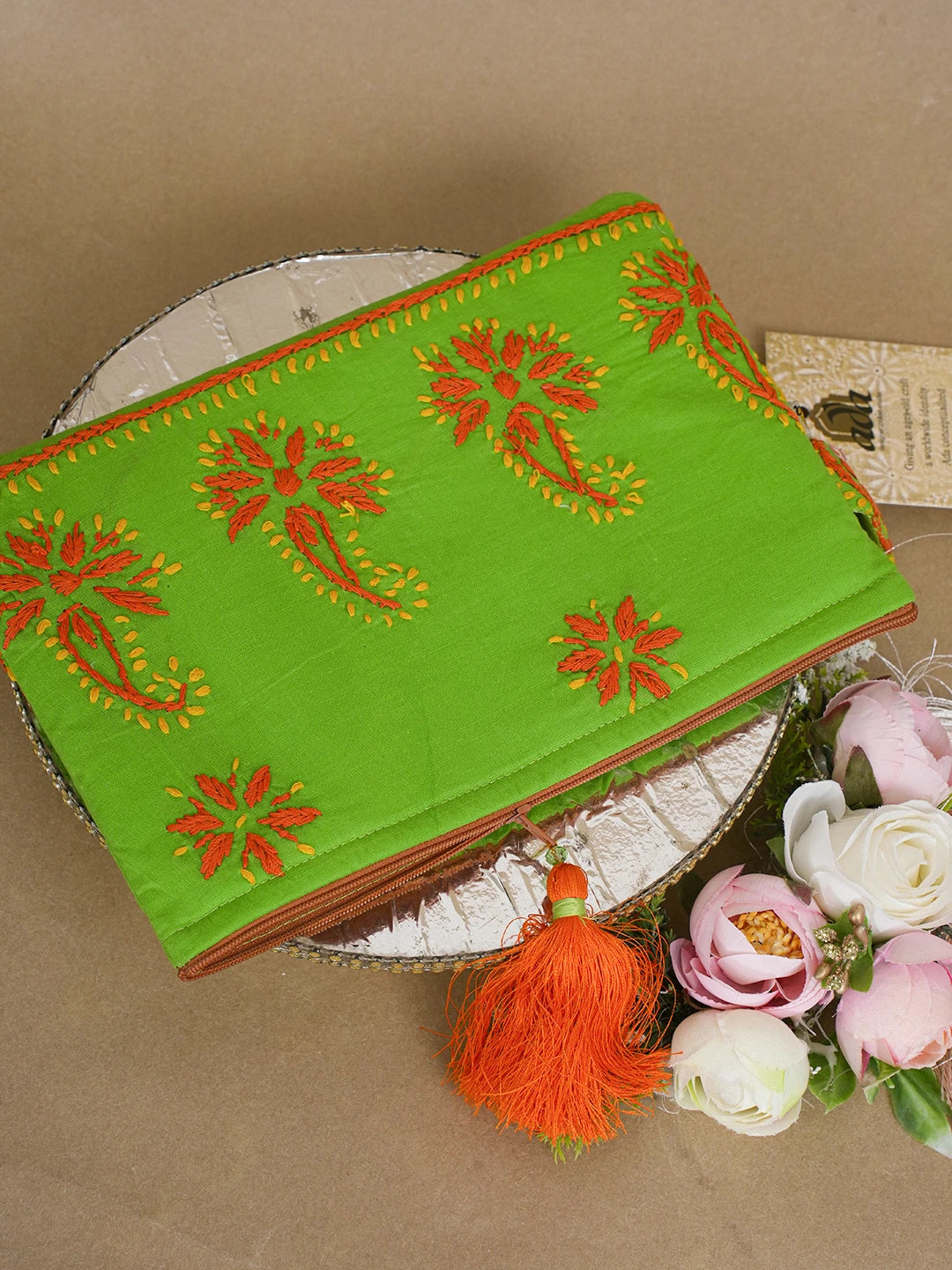 Ada Hand Embroidered Green Cotton Lucknowi Chikankari Pouch 01A610076