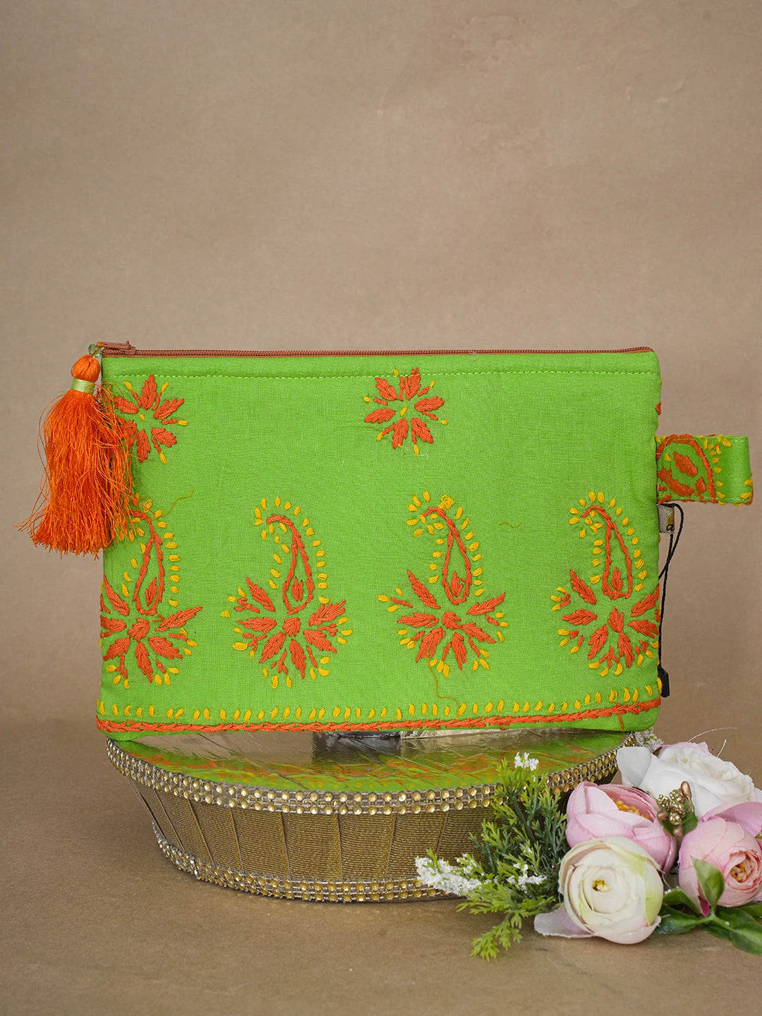 Ada Hand Embroidered Green Cotton Lucknowi Chikankari Pouch 01A610076