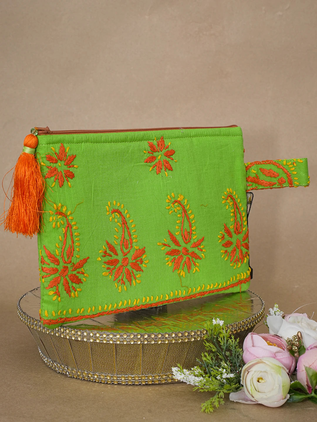 Ada Hand Embroidered Green Cotton Lucknowi Chikankari Pouch 01A610076
