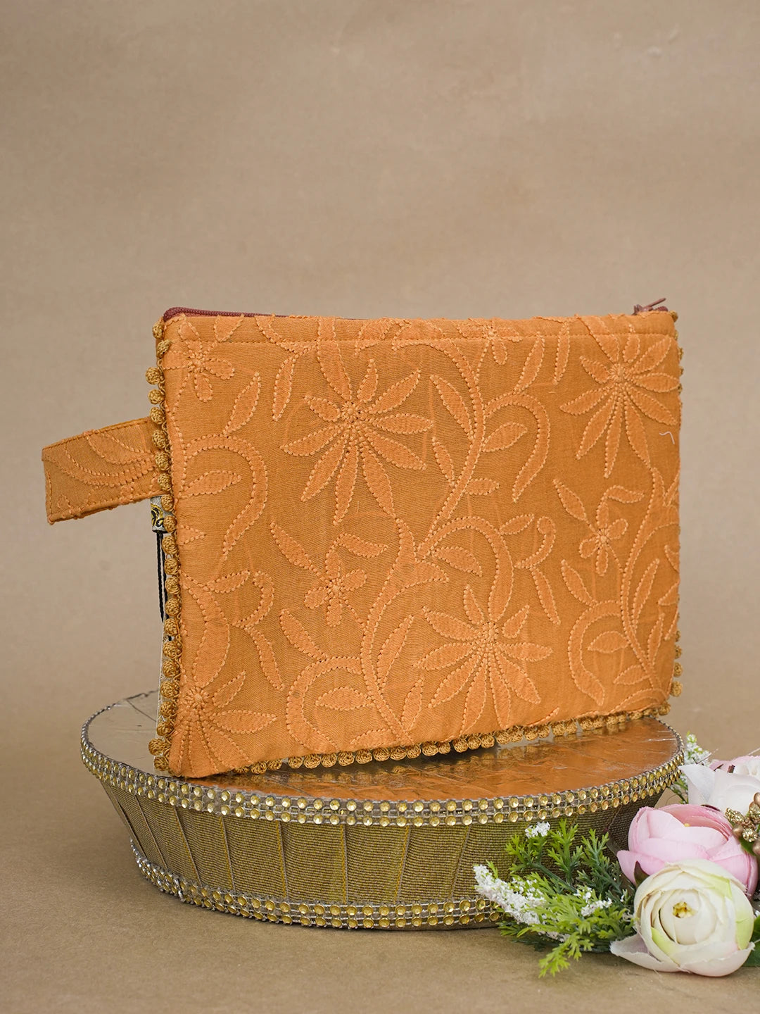 Ada Hand Embroidered Mustard Chanderi Lucknowi Chikankari Pouch 01A610074