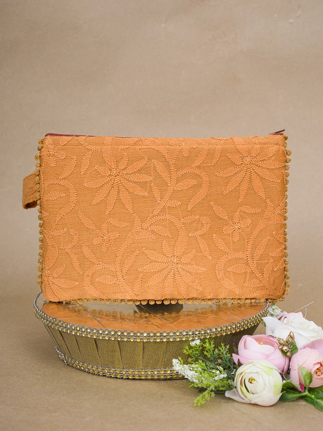Ada Hand Embroidered Mustard Chanderi Lucknowi Chikankari Pouch 01A610074