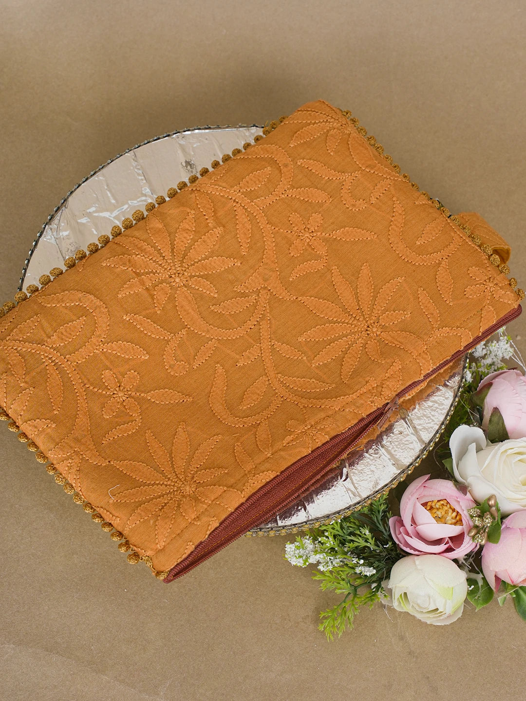 Ada Hand Embroidered Mustard Chanderi Lucknowi Chikankari Pouch 01A610074