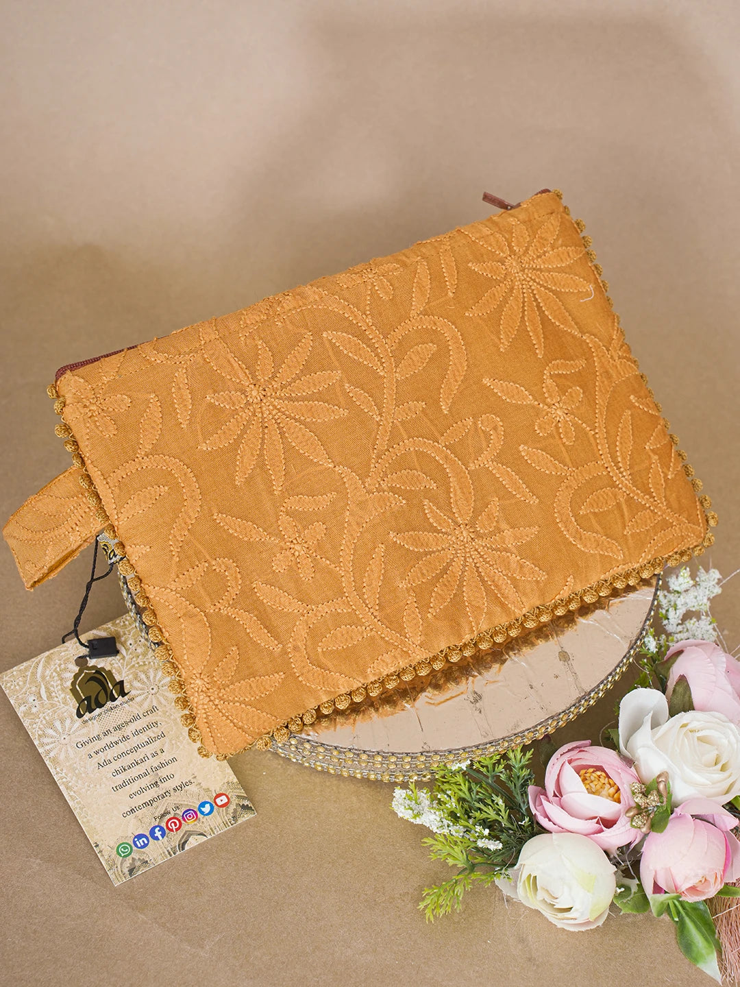 Ada Hand Embroidered Mustard Chanderi Lucknowi Chikankari Pouch 01A610074