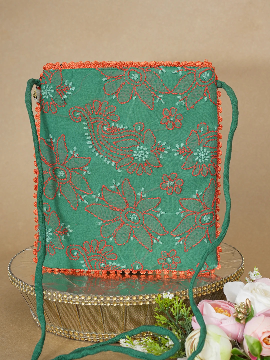Ada Hand Embroidered Green Cotton Lucknowi Chikankari Pouch 01A596832