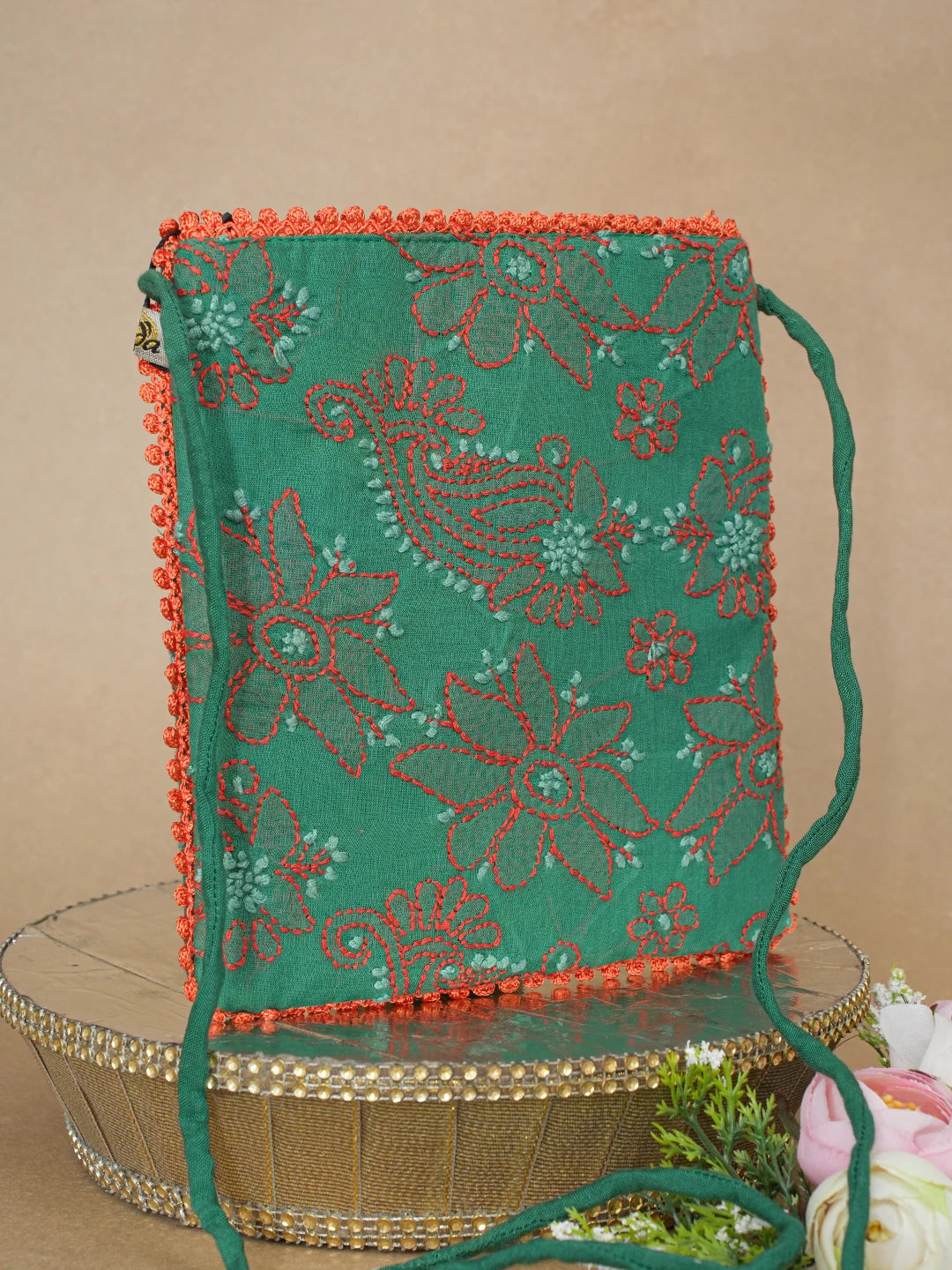Ada Hand Embroidered Green Cotton Lucknowi Chikankari Pouch 01A596832