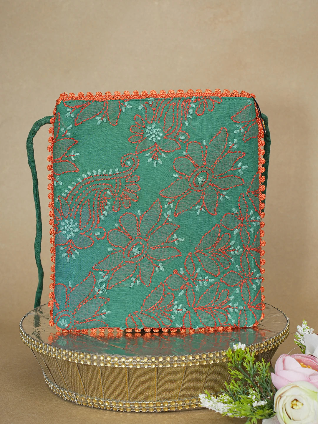 Ada Hand Embroidered Green Cotton Lucknowi Chikankari Pouch 01A596832