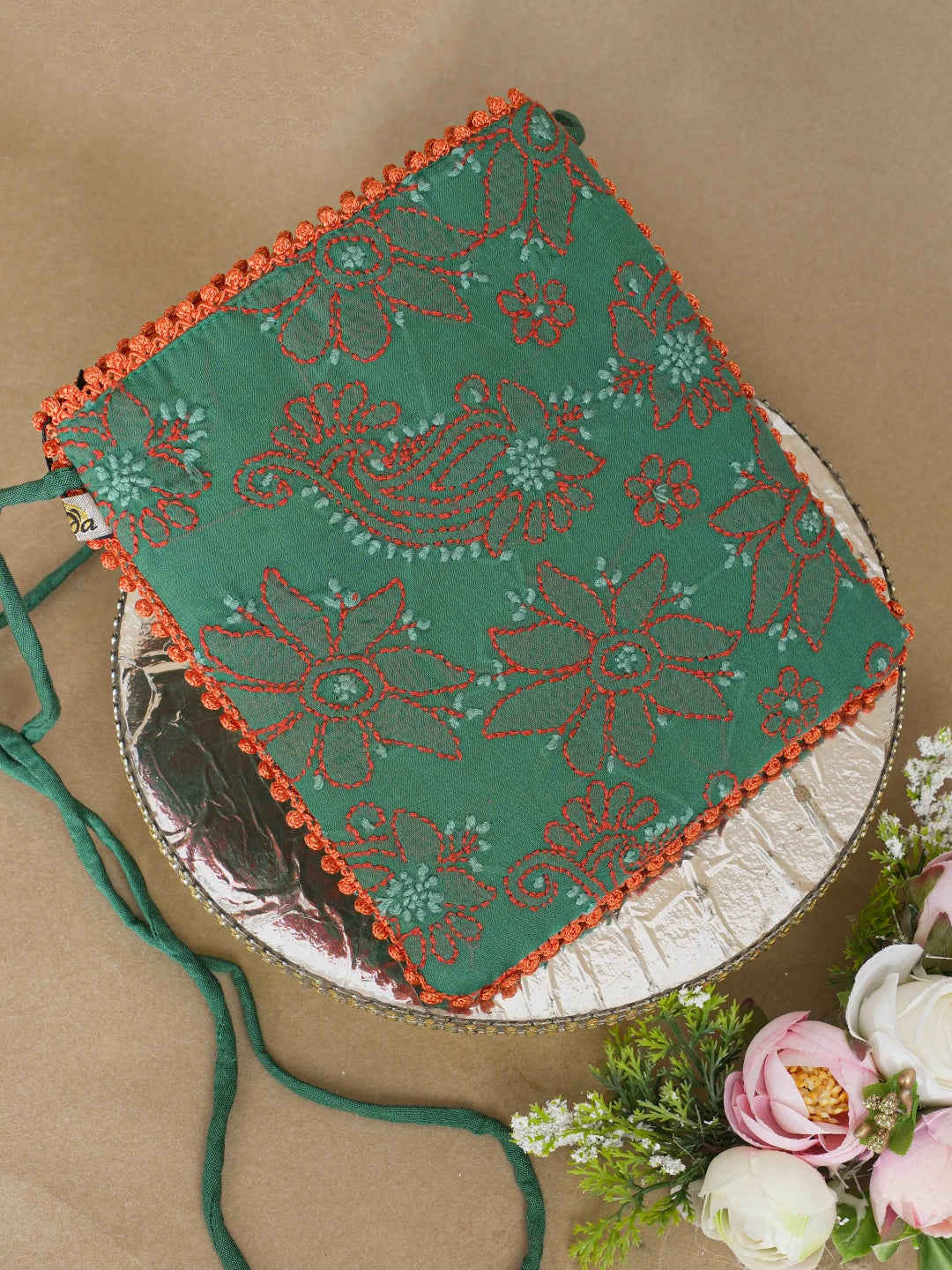 Ada Hand Embroidered Green Cotton Lucknowi Chikankari Pouch 01A596832