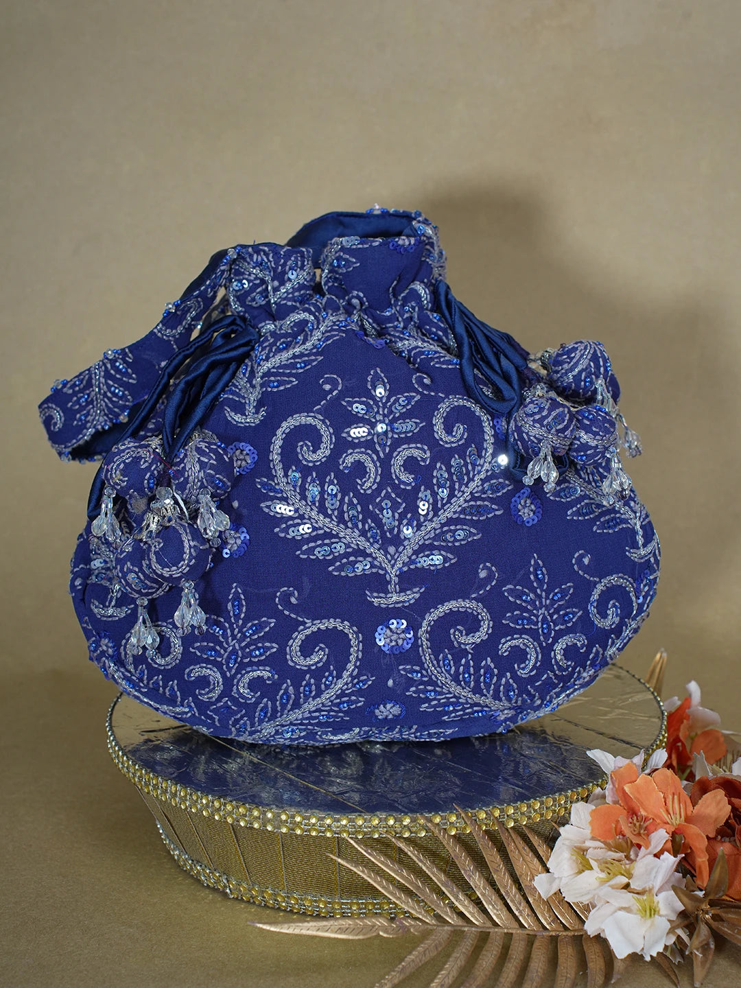 Ada Hand Embroidered Navy Blue Viscose Georgette Lucknowi Chikankari Potli Bag With Zari Work 01A603321