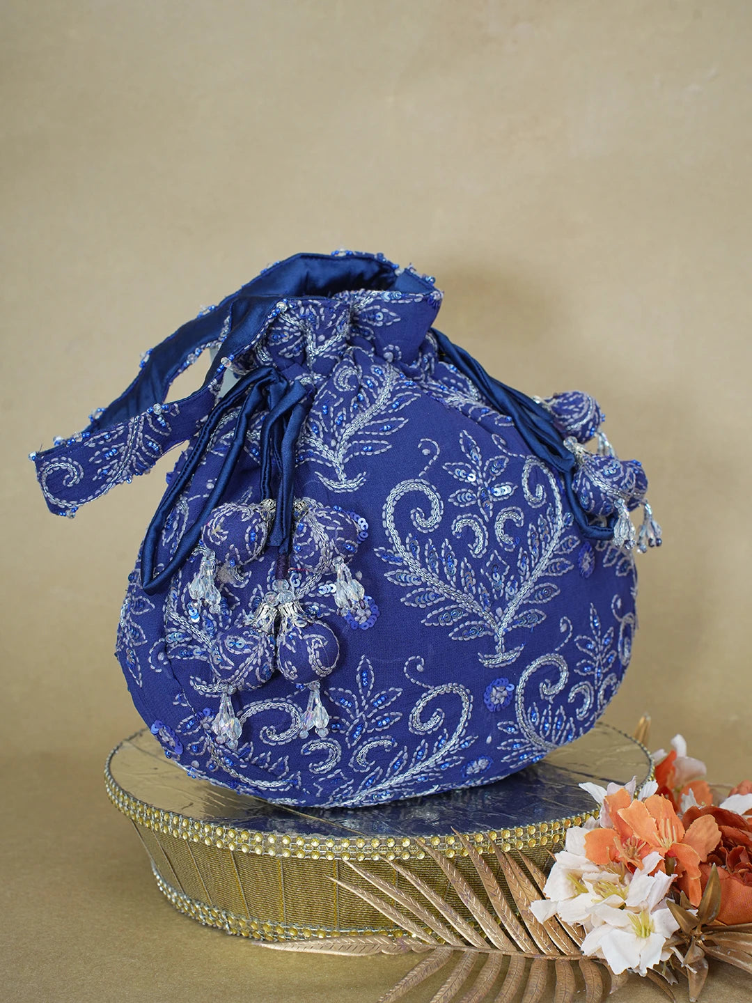 Ada Hand Embroidered Navy Blue Viscose Georgette Lucknowi Chikankari Potli Bag With Zari Work 01A603321
