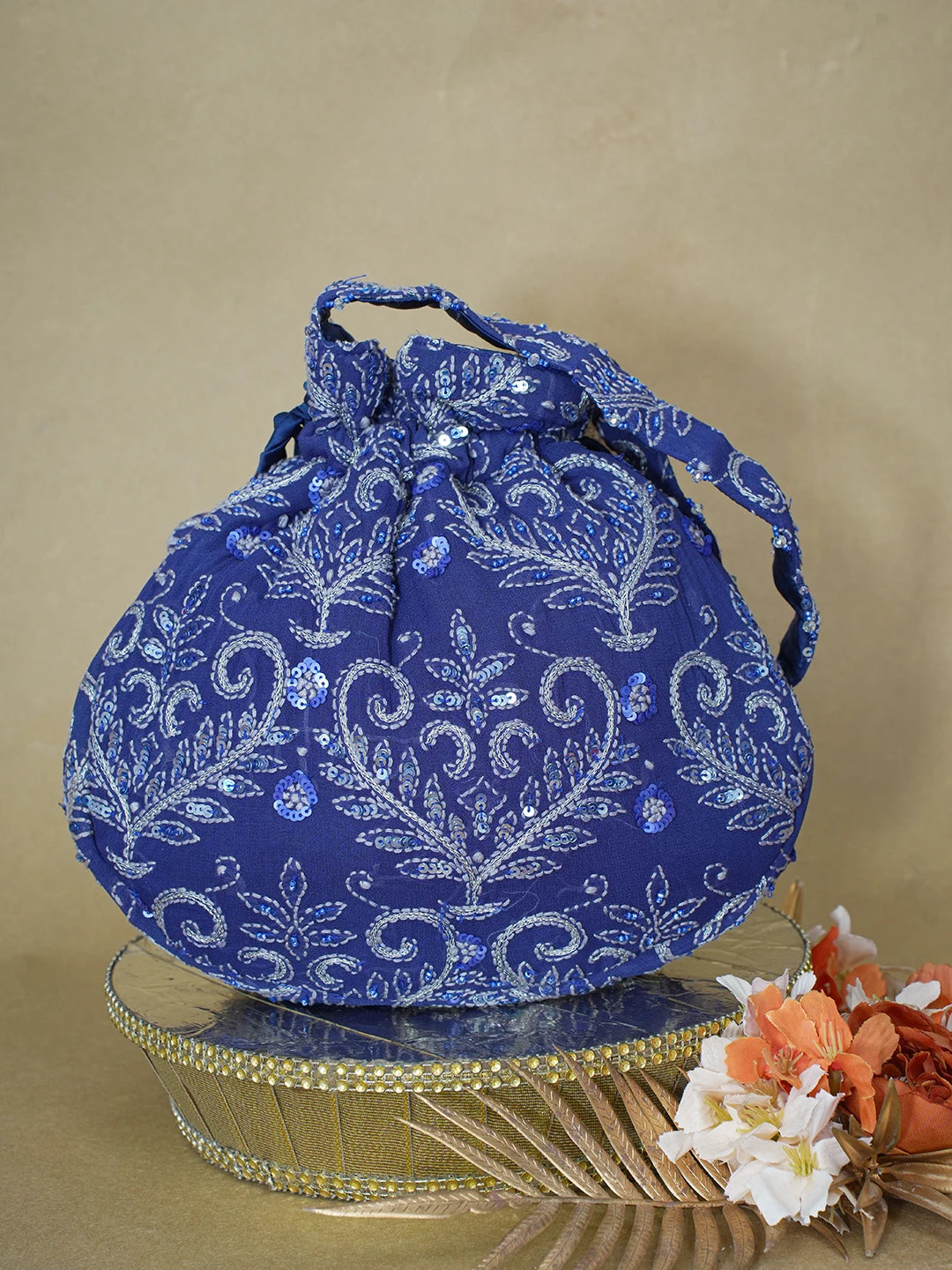 Ada Hand Embroidered Navy Blue Viscose Georgette Lucknowi Chikankari Potli Bag With Zari Work 01A603321