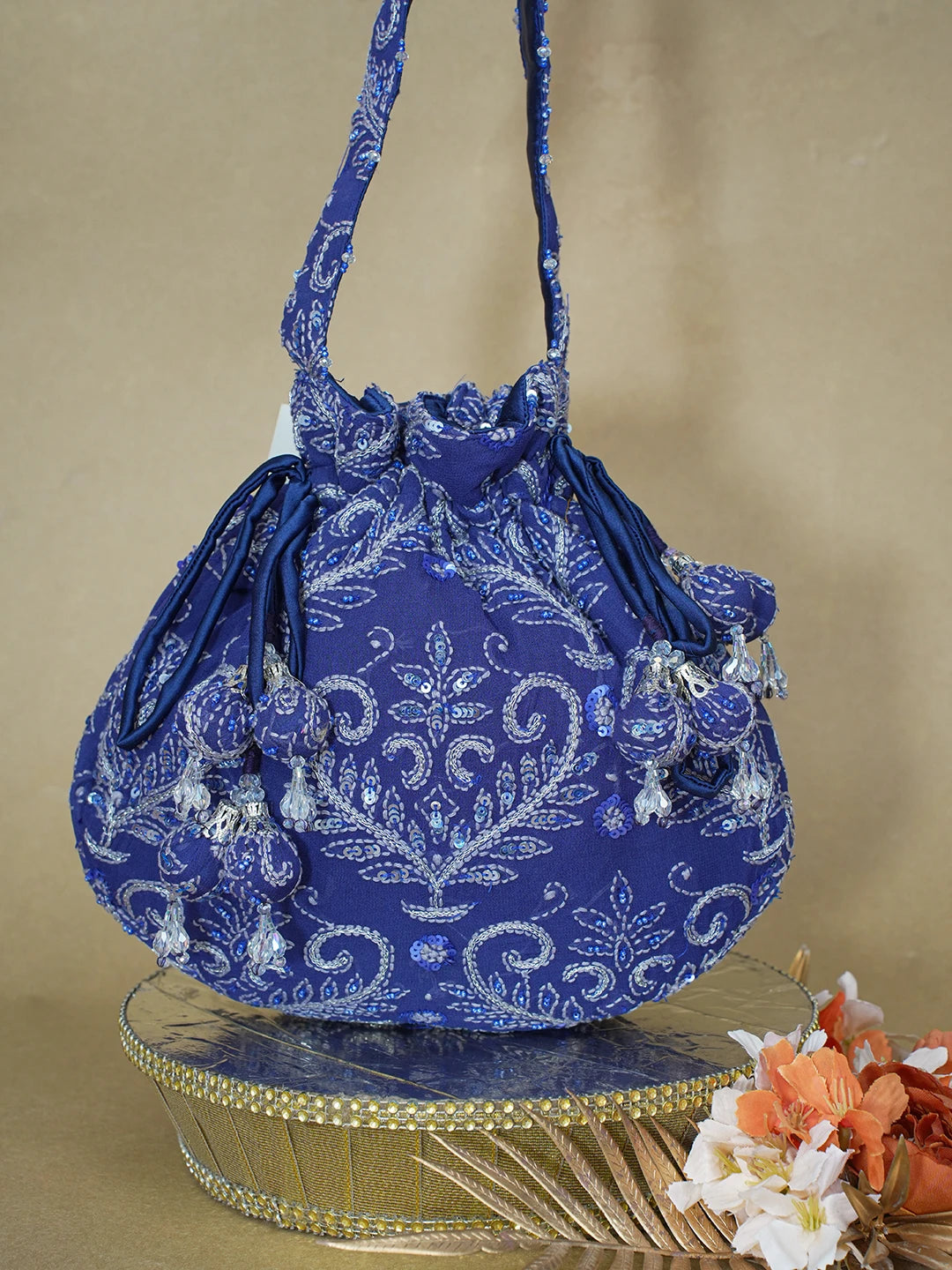 Ada Hand Embroidered Navy Blue Viscose Georgette Lucknowi Chikankari Potli Bag With Zari Work 01A603321