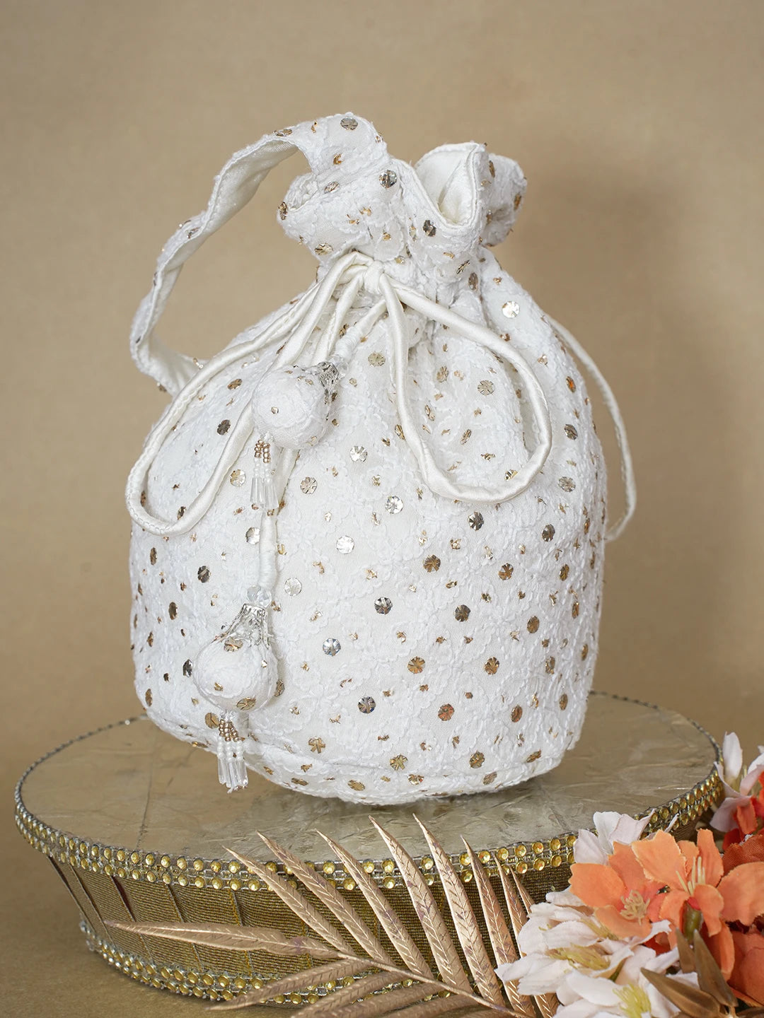 Ada Hand Embroidered White Chanderi Lucknowi Chikankari Potli Bag With Muqaish Work 01A607158