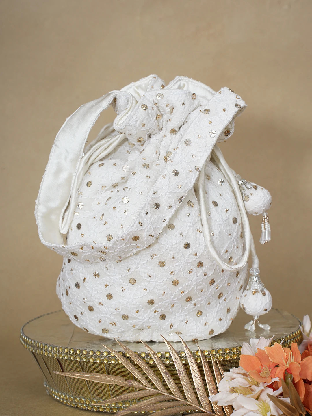 Ada Hand Embroidered White Chanderi Lucknowi Chikankari Potli Bag With Muqaish Work 01A607158