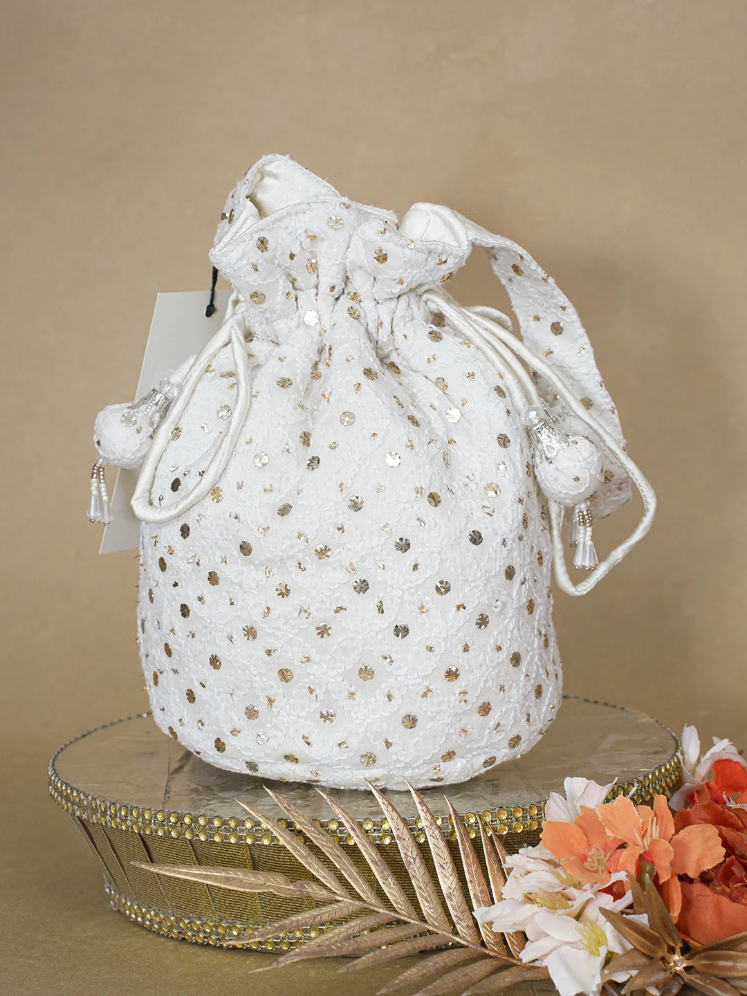 Ada Hand Embroidered White Chanderi Lucknowi Chikankari Potli Bag With Muqaish Work 01A607158