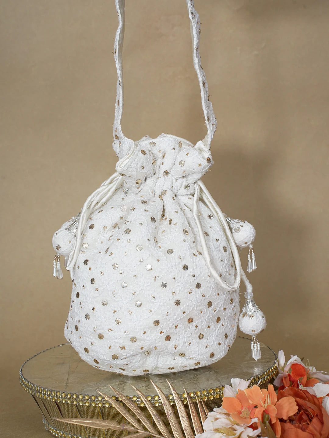 Ada Hand Embroidered White Chanderi Lucknowi Chikankari Potli Bag With Muqaish Work 01A607158
