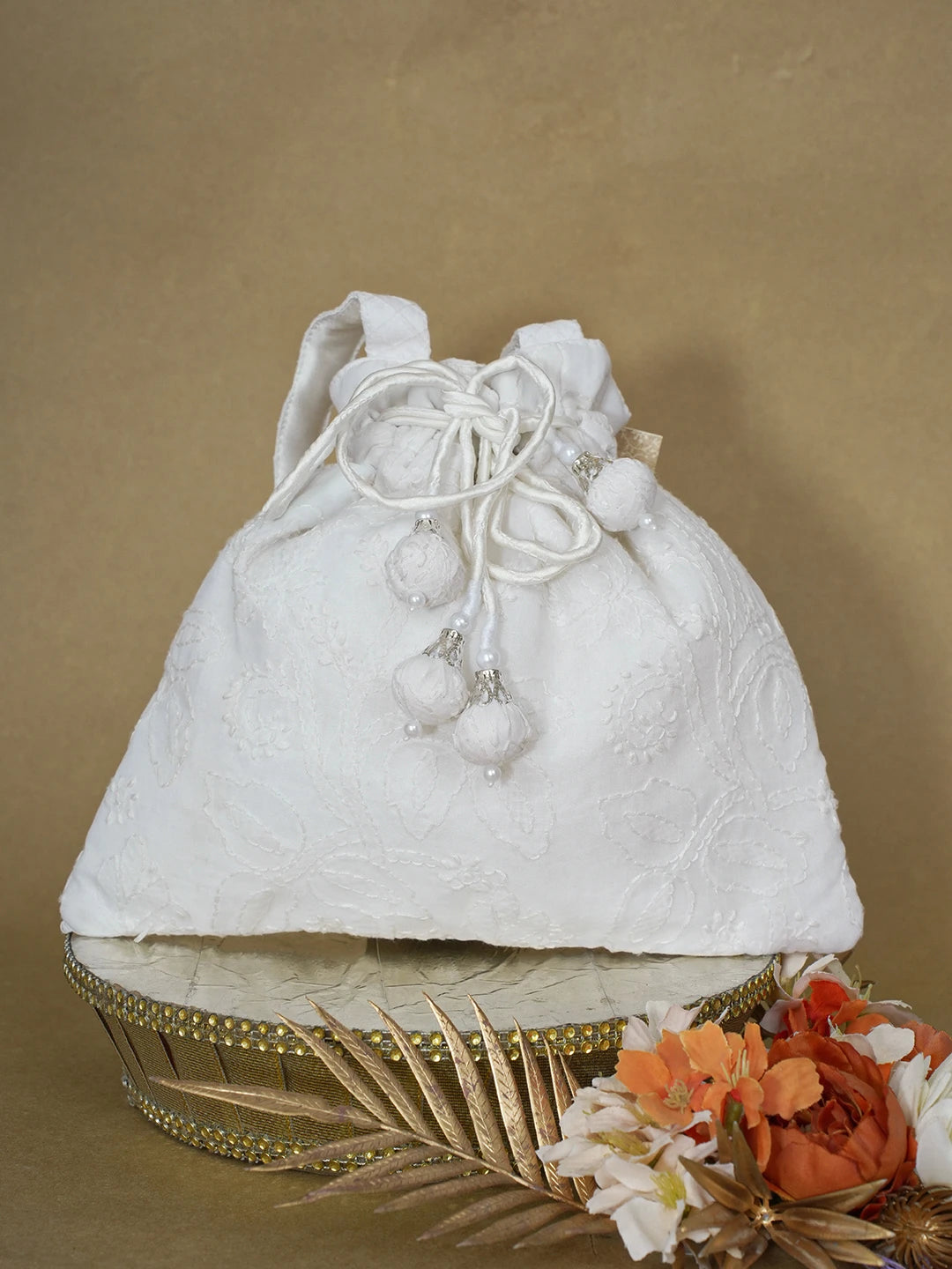 Ada Hand Embroidered White Cotton Lucknowi Chikankari Potli Bag 01A610070